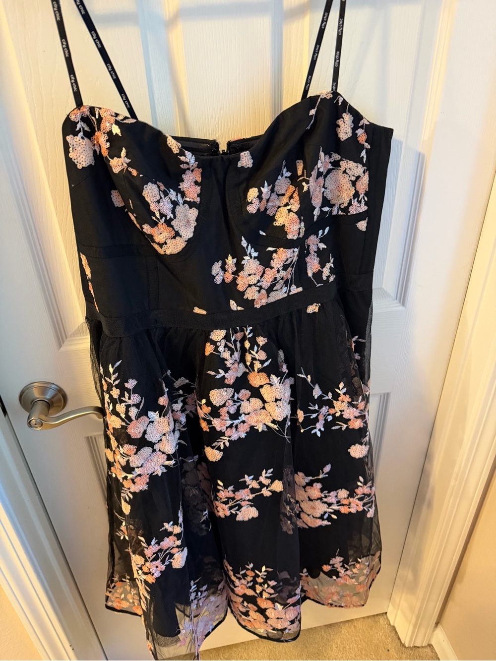 City Chic Black Mini Dress with Pink Floral Embroidery